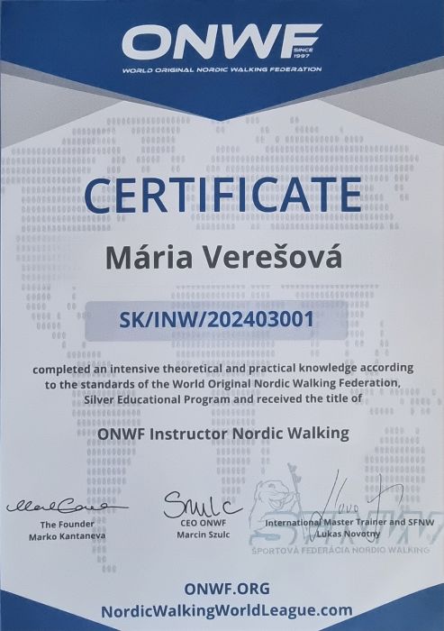 Certifikát ONWF Instructor Nordic Walking – Mária Verešová