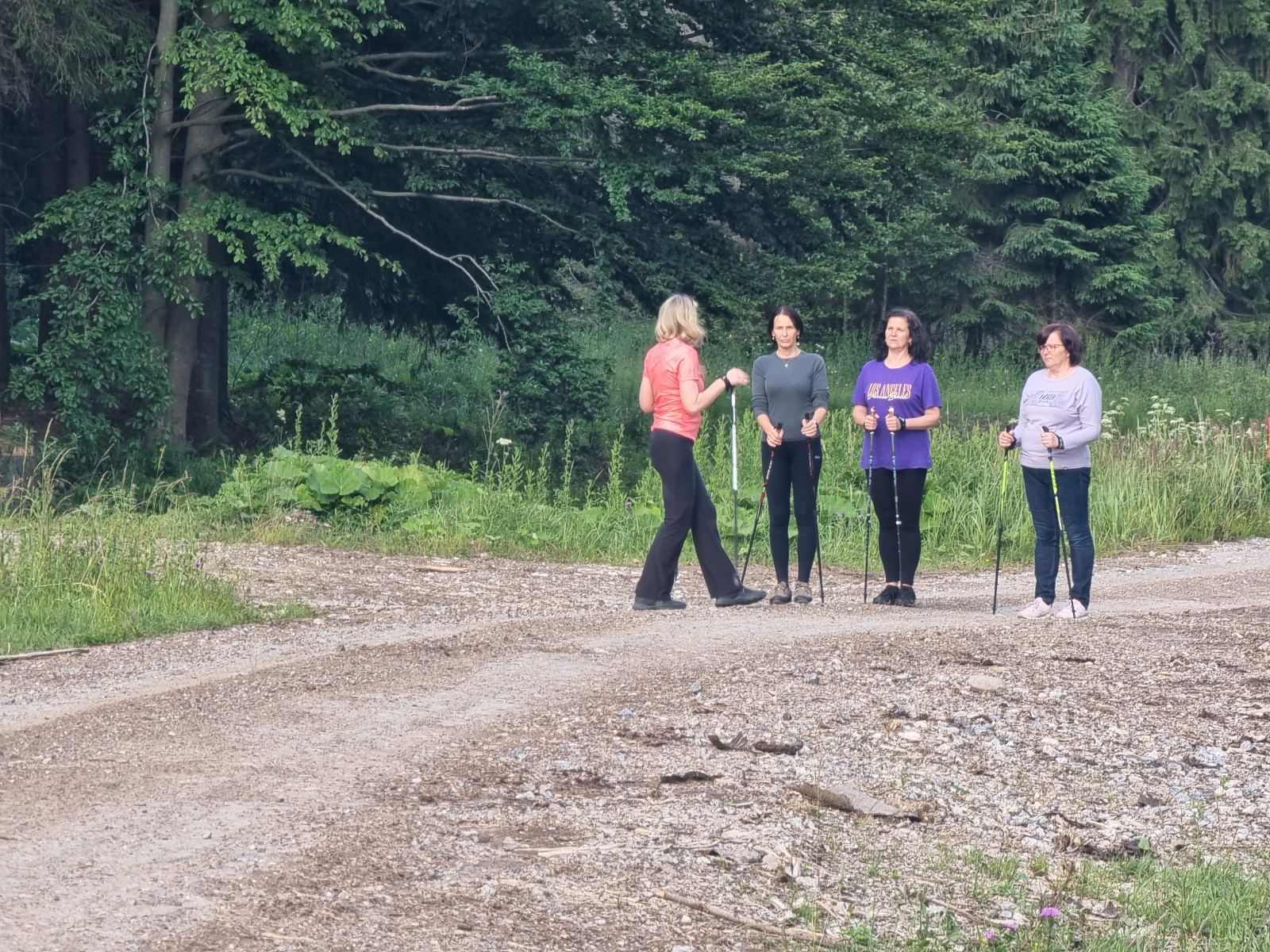 Skupina na nordic walkingu na lesnej ceste